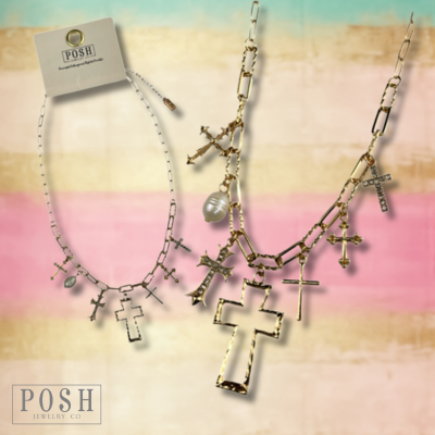 Charm necklace with rhinestone crosses, gold crosses and pearls