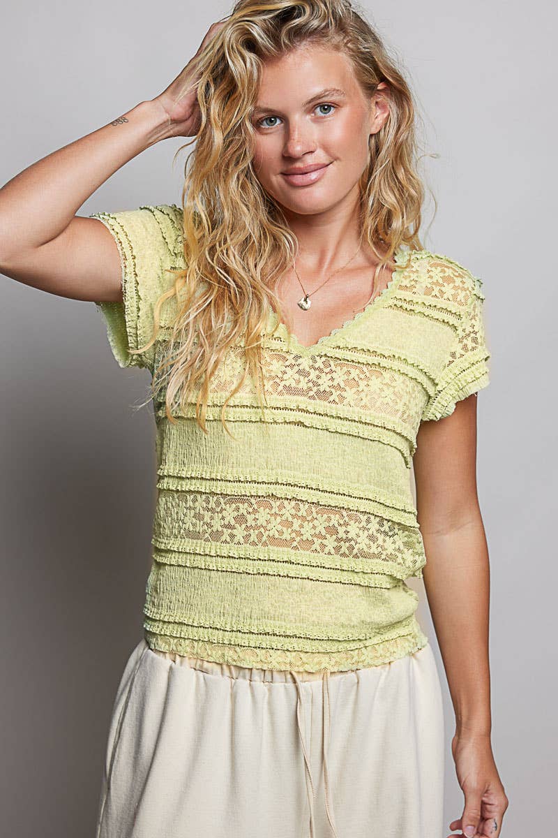 Feminine Lace V Neck Short Sleeve Top Trim Raw Edge