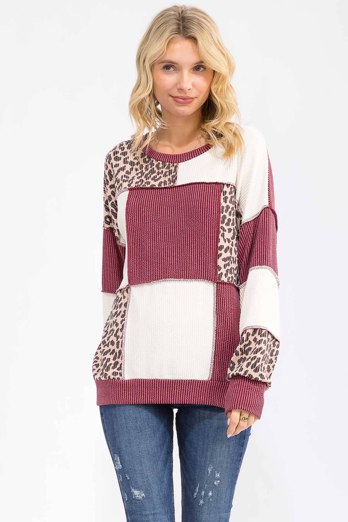 Leopard Patchwork Color Block Rib Knit Pullover Top T6089
