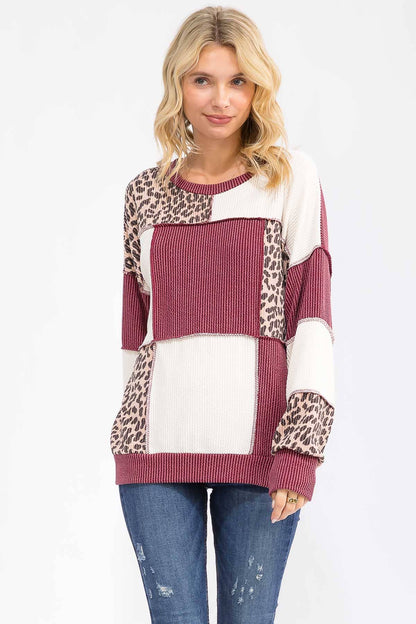 Leopard Patchwork Color Block Rib Knit Pullover Top T6089