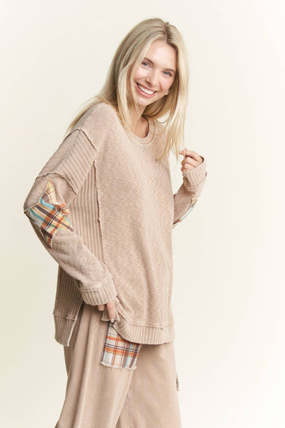 Mineral Wash Plaid Star patched elbow sweater top HT5999