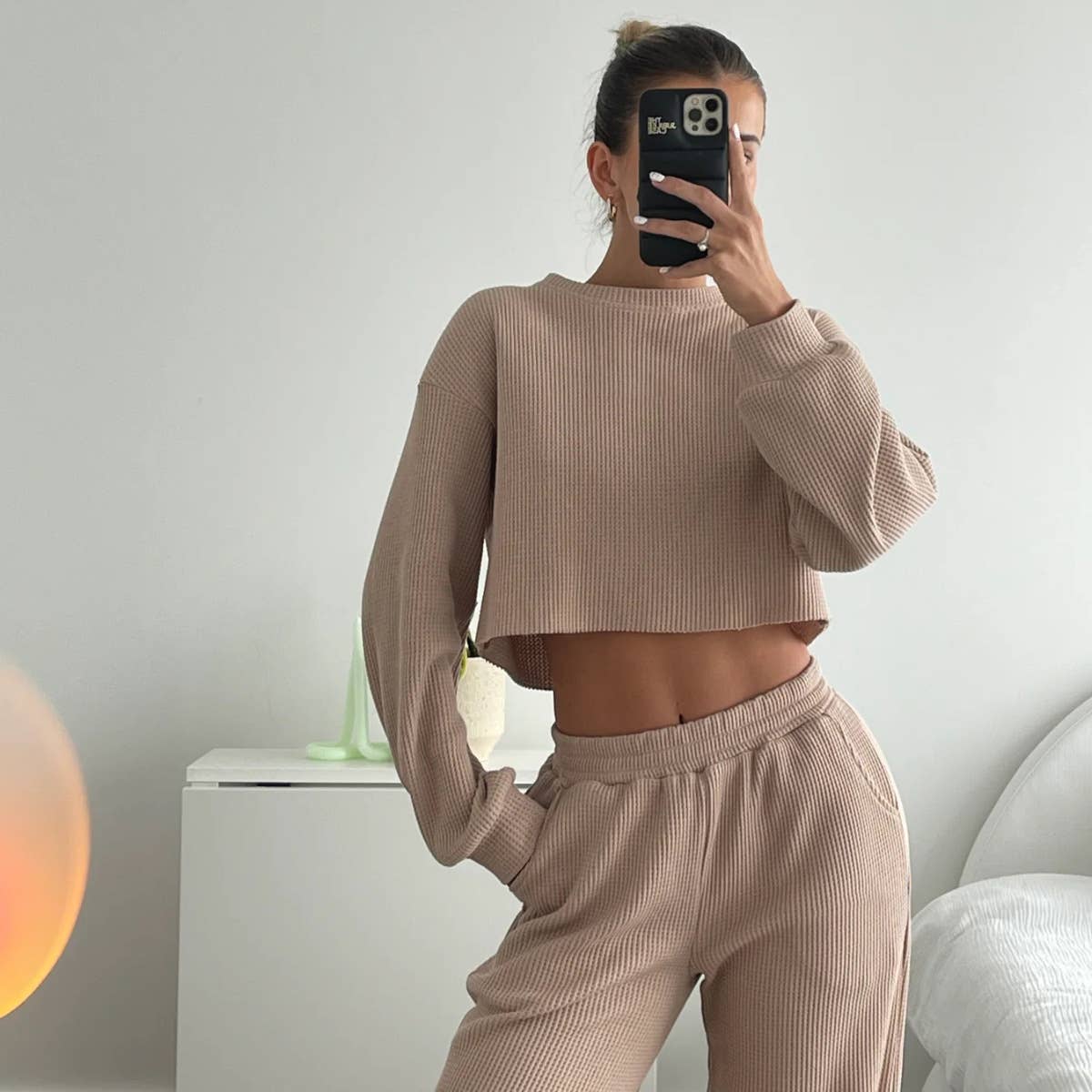 Tan / M Waffle long sleeve crop top wide leg pant 2 piece set: