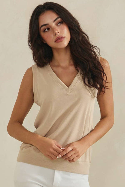 LuxeAir Ribbed Relaxed V-Neck Tank Top - XL