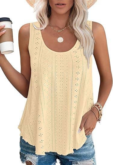 White / L Eyelet basic loose overfit cozy summer tank top: