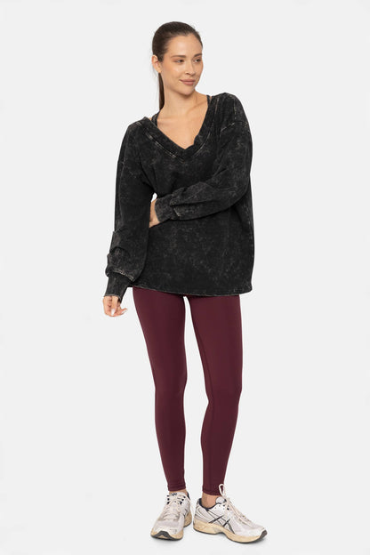 Mineral Wash Cotton Blend Deep V-Neck Long Sleeve
