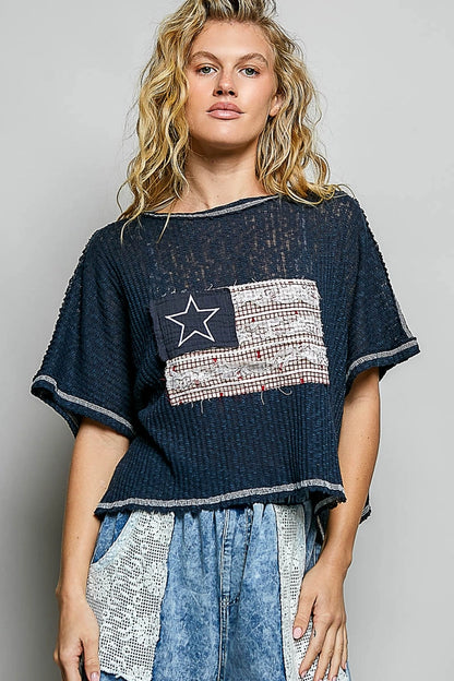 POL Clothing UKT714A American Flag Patchwork Relaxed Fit Top Shirt