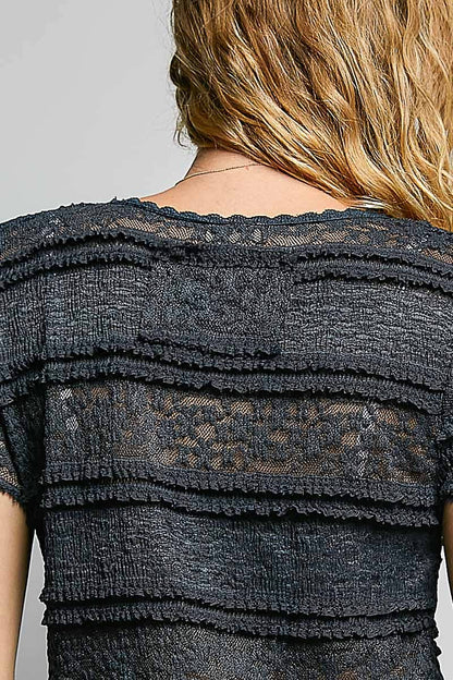 Feminine Lace V Neck Short Sleeve Top Trim Raw Edge