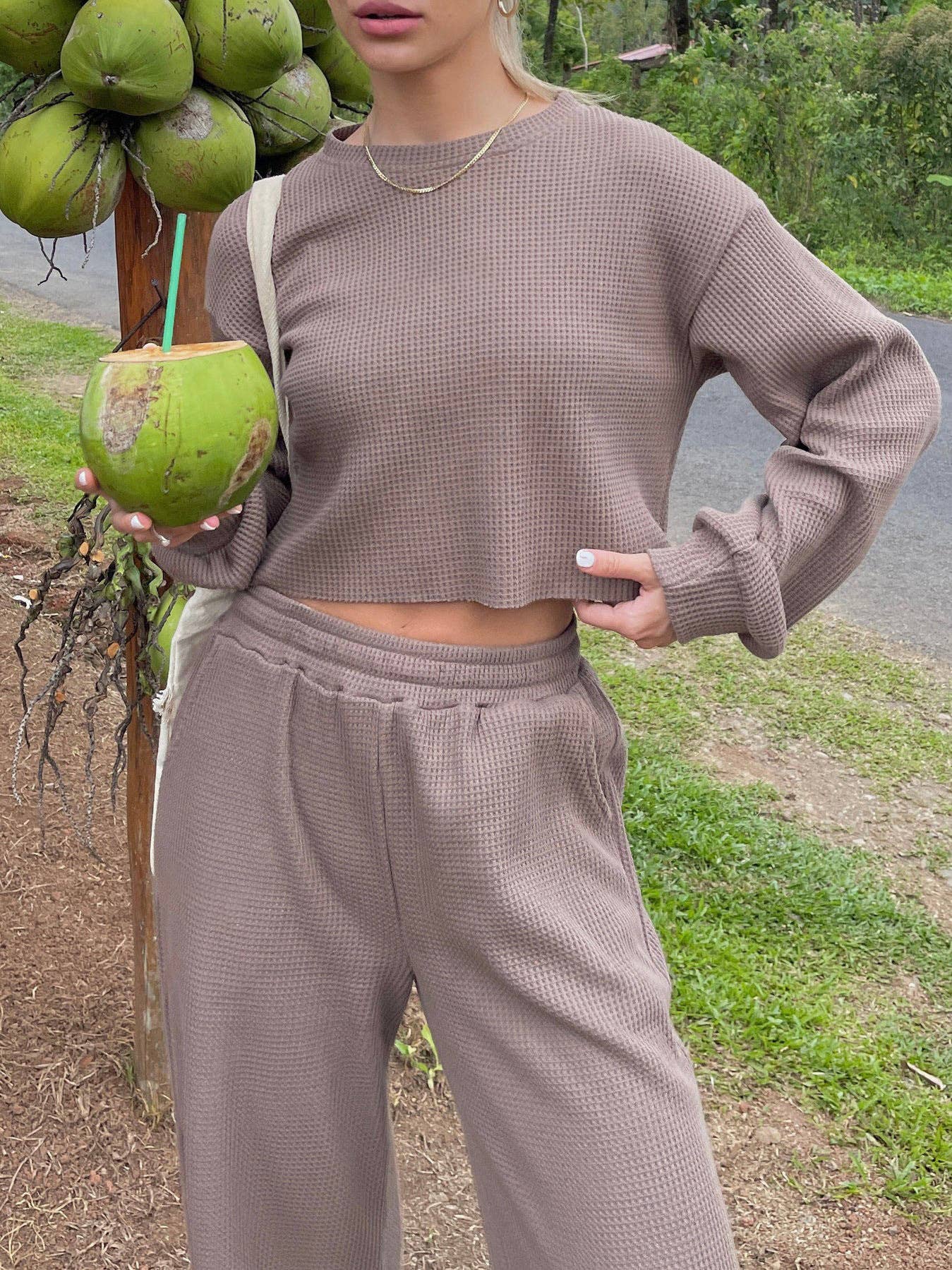 Tan / M Waffle long sleeve crop top wide leg pant 2 piece set: