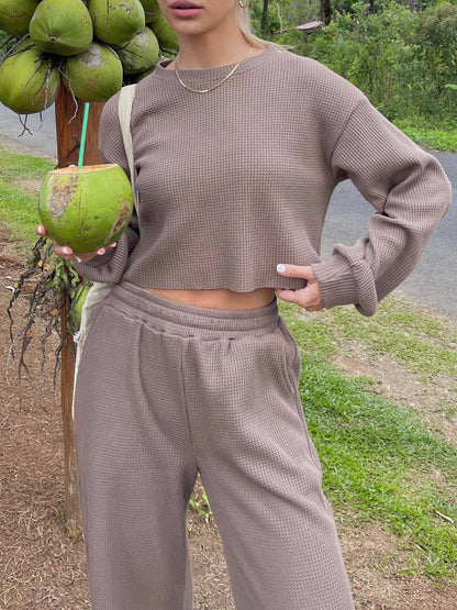 Tan / M Waffle long sleeve crop top wide leg pant 2 piece set: