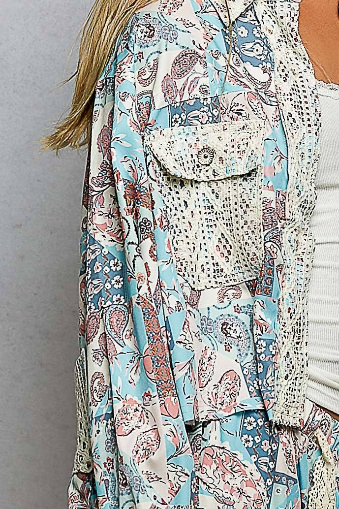 Crochet lace patch floral jacket top