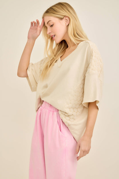 Mineral Washed Flower Daisy V-neck Shirt top HT6747