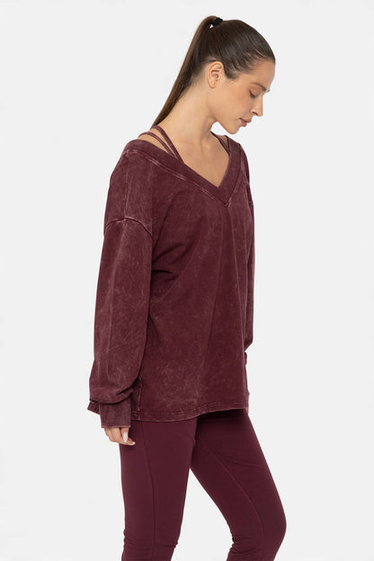 Mineral Wash Cotton Blend Deep V-Neck Long Sleeve