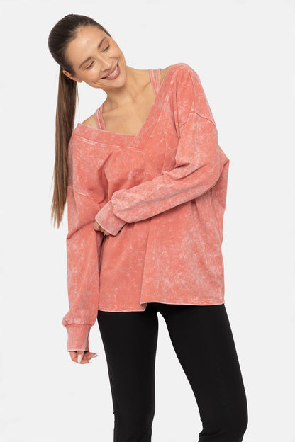Mineral Wash Cotton Blend Deep V-Neck Long Sleeve