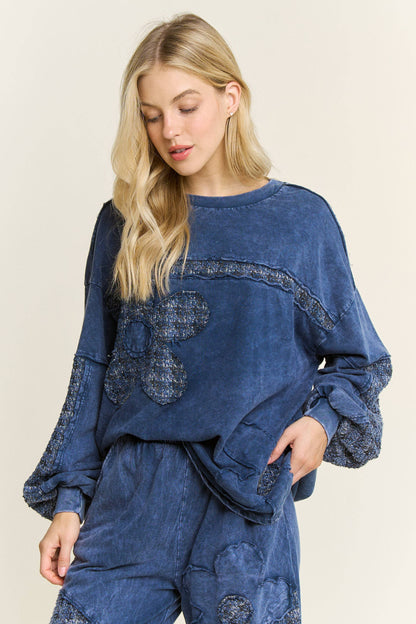 Mineral Washed Tweed Daisy patch Long sleeve top HT6761