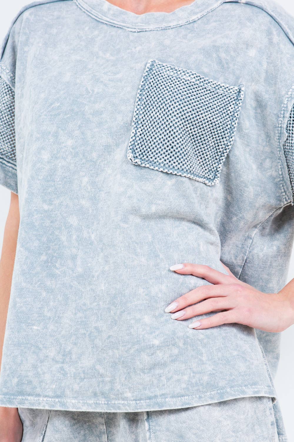 Mineral Wash Mesh Pocket Sleeve top HT5649