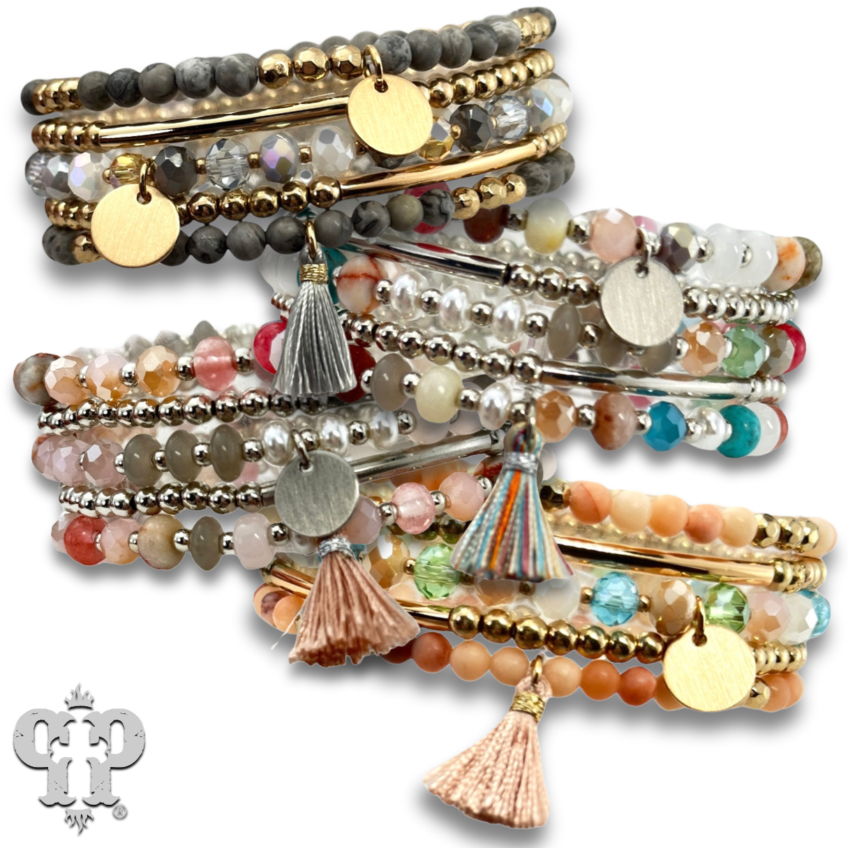 Colorful and gold bead charm bracelet stack