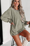Green Solid Ribbed Knit Round Neck Pullover Sweatshirt: Green / M / 100%Polyester