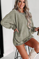 Green Solid Ribbed Knit Round Neck Pullover Sweatshirt: Green / L / 100%Polyester