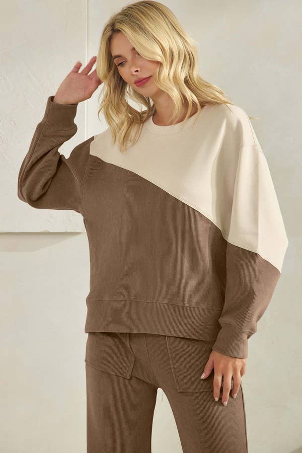 Womens Asymmetrical Two Tone Top Corduroy Sweatshirt
