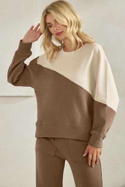 Womens Asymmetrical Two Tone Top Corduroy Sweatshirt
