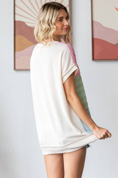 Color Block Textured Patchwork Short Sleeve Top T5944
