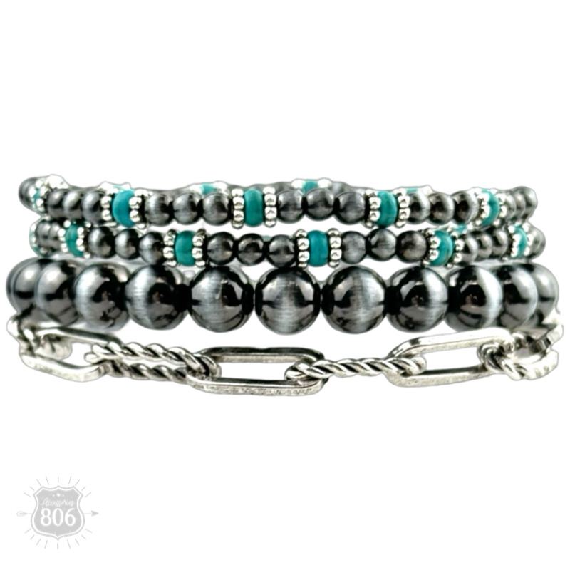 Western burnished pearl bead and chain bracelet set