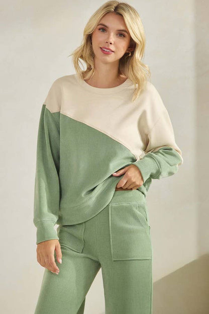 Womens Asymmetrical Two Tone Top Corduroy Sweatshirt