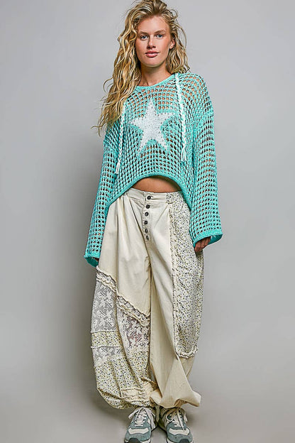 V-neck Acrylic Star Patch Pearl Stud Hoodie Thin Sweater Top