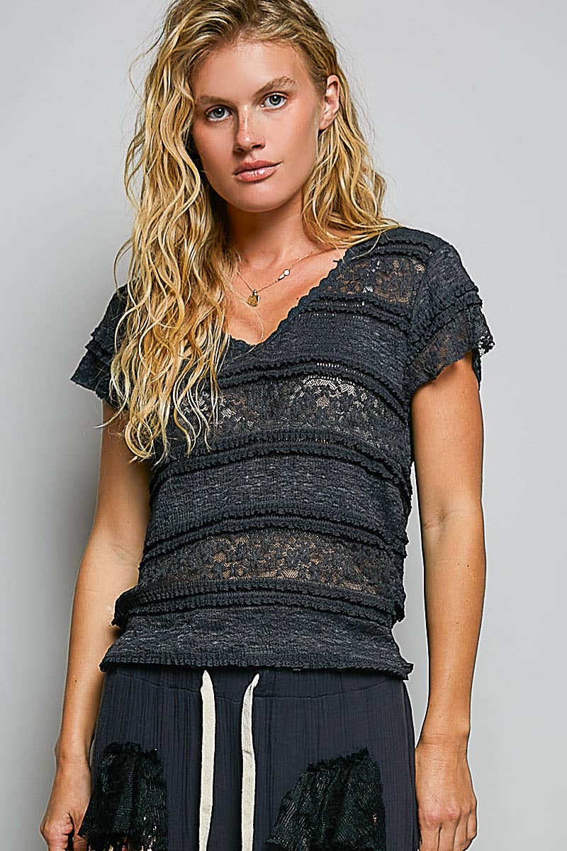Feminine Lace V Neck Short Sleeve Top Trim Raw Edge
