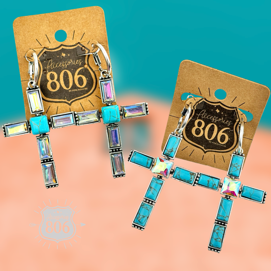 Turquoise and rhinestone cross earring