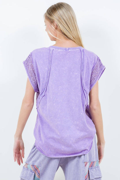 Mineral Wash Trim Cap sleeve Blouse HT5668 Shirt top