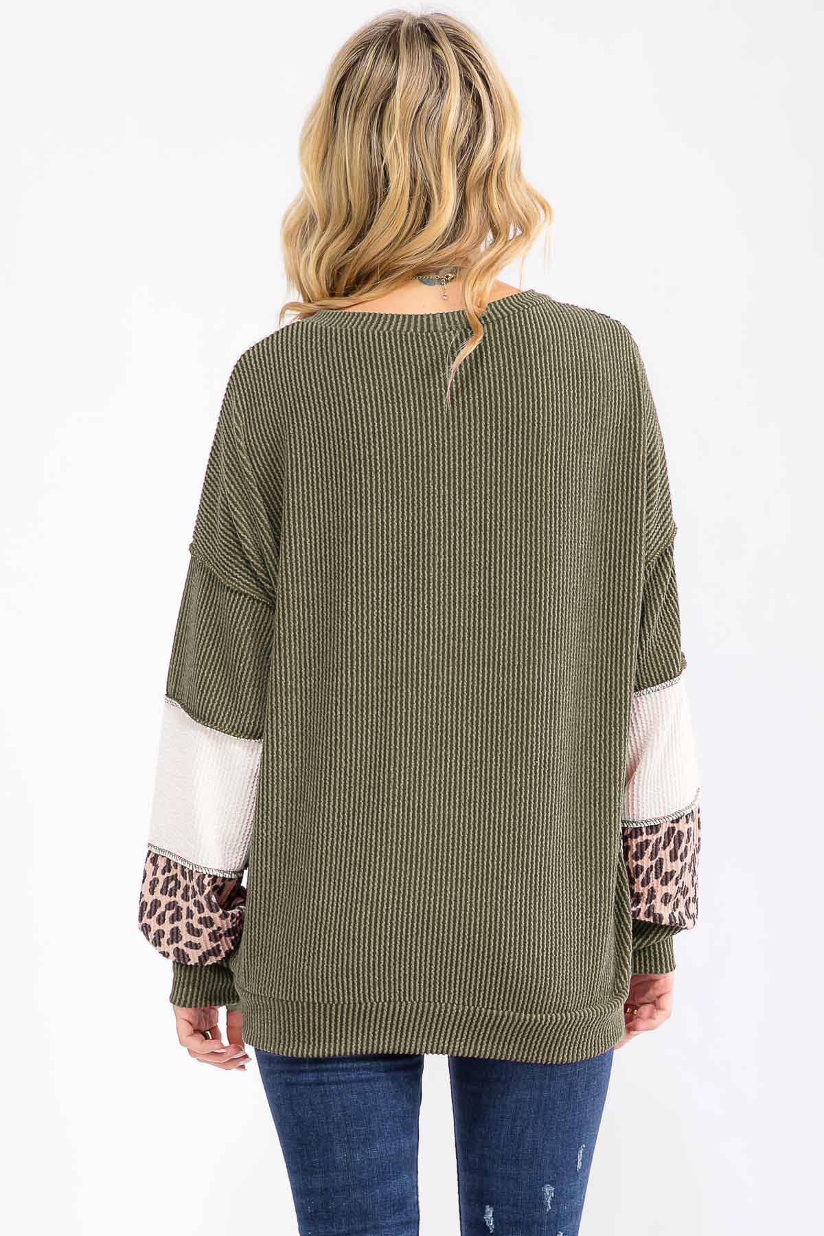 Leopard Patchwork Color Block Rib Knit Pullover Top T6089