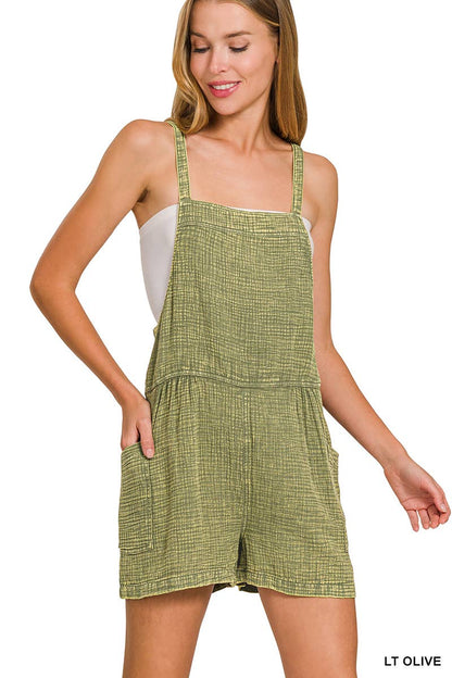 `Washed Double Gauze Tie Back Rompers w/ Pockets