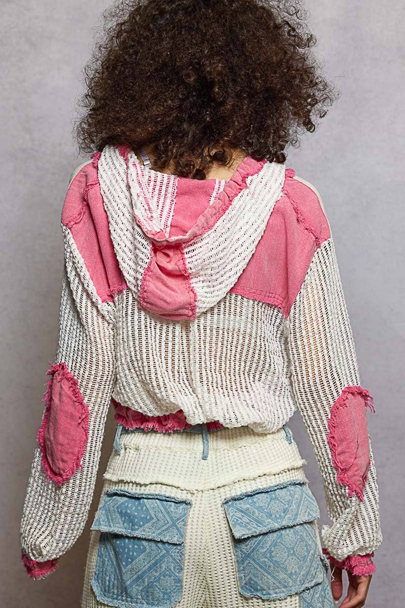 Open Knit Button Down Pocket Front Hooded Shirt Top