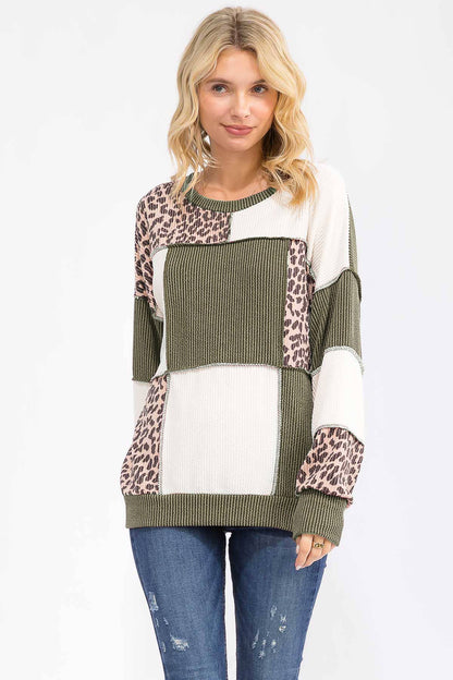 Leopard Patchwork Color Block Rib Knit Pullover Top T6089