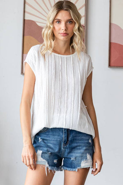 Lightweight Stripe Textured Cap Sleeves Blouse T5948
