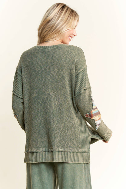 Mineral Wash Plaid Star patched elbow sweater top HT5999