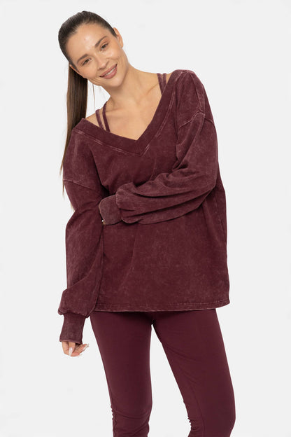 Mineral Wash Cotton Blend Deep V-Neck Long Sleeve