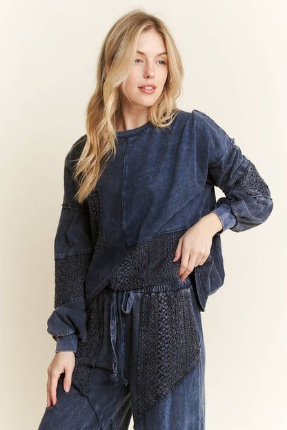 Mineral Wash Lace detailed Long Sleeve sweatshirt HT6027