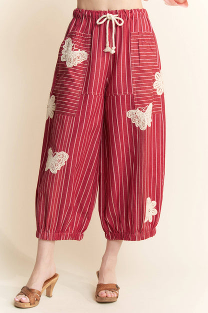 Crochet Applique Striped Barrel Pants