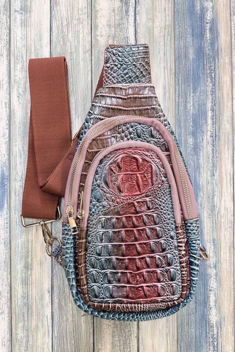 Brown Crocodile Pattern  Crossbody Sling Bag: