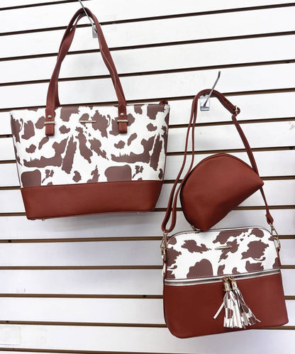 COW HANDBAG TOTE BAG CROSS BAG CLUTCH PURSE SET 3PCS