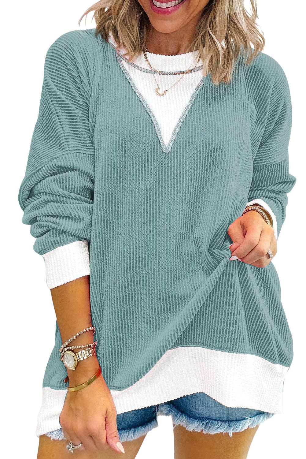 Blossom Corded Colorblock Drop Shoulder Loose Top Shirt