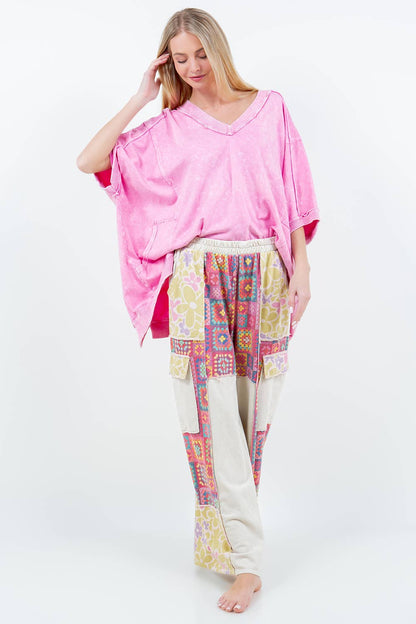 Mineral Wash Crochet Floral Printed Pants HP5758
