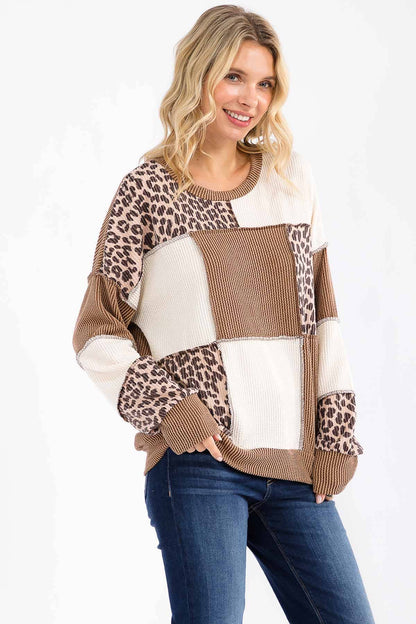 Leopard Patchwork Color Block Rib Knit Pullover Top T6089