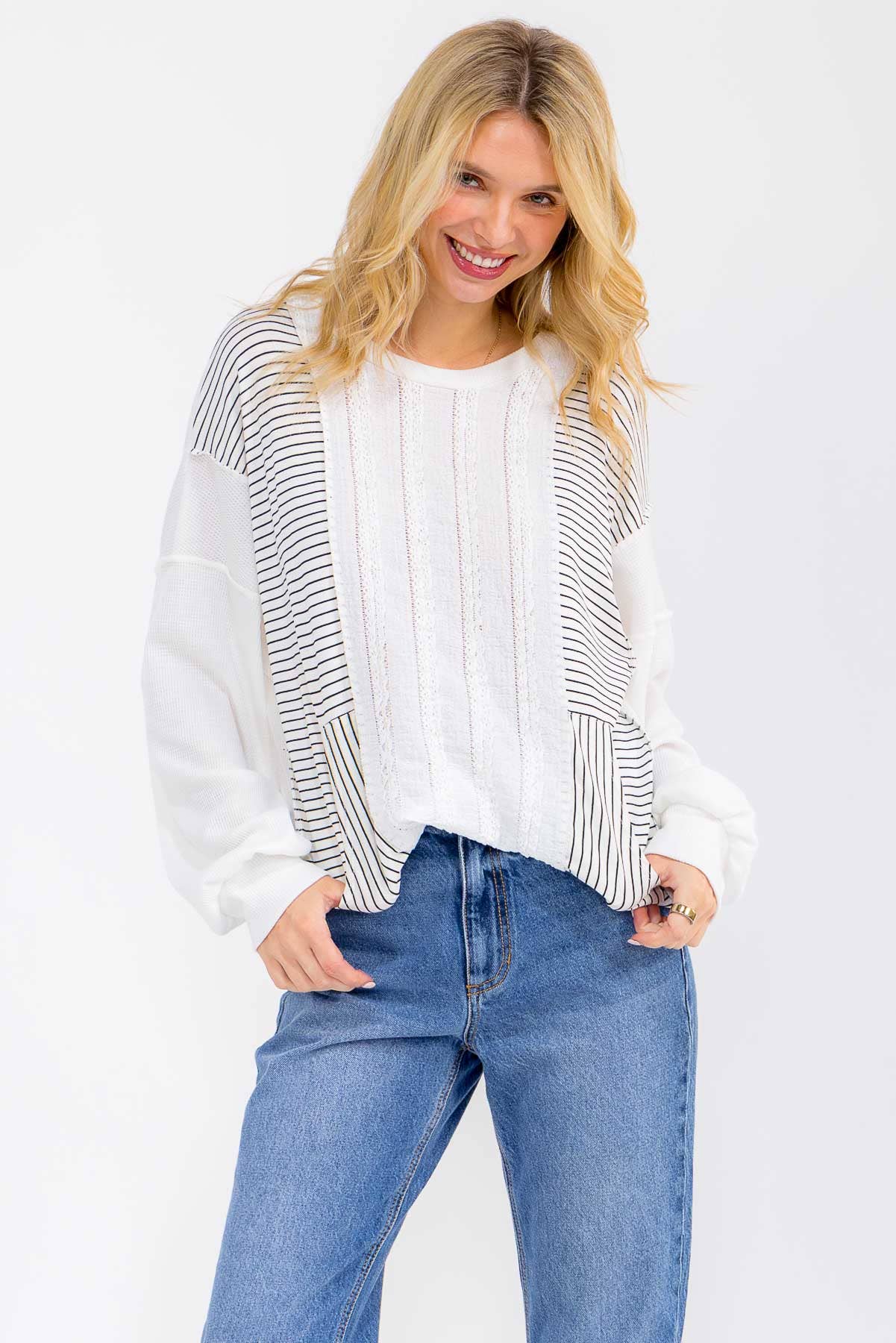 Textured Stripe Contrast Knit Top T6203
