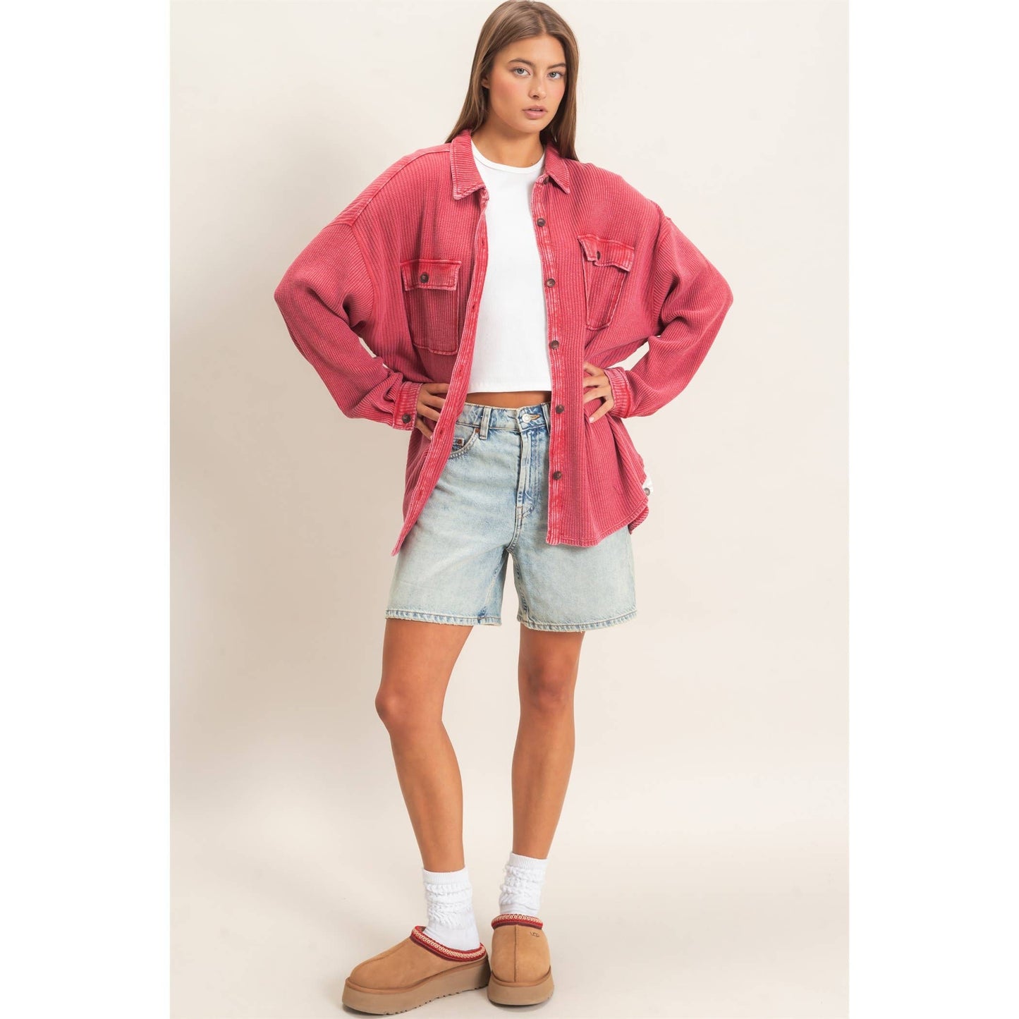 HYFVE Mineral Washed Waffle Knit Shacket DZ26E249