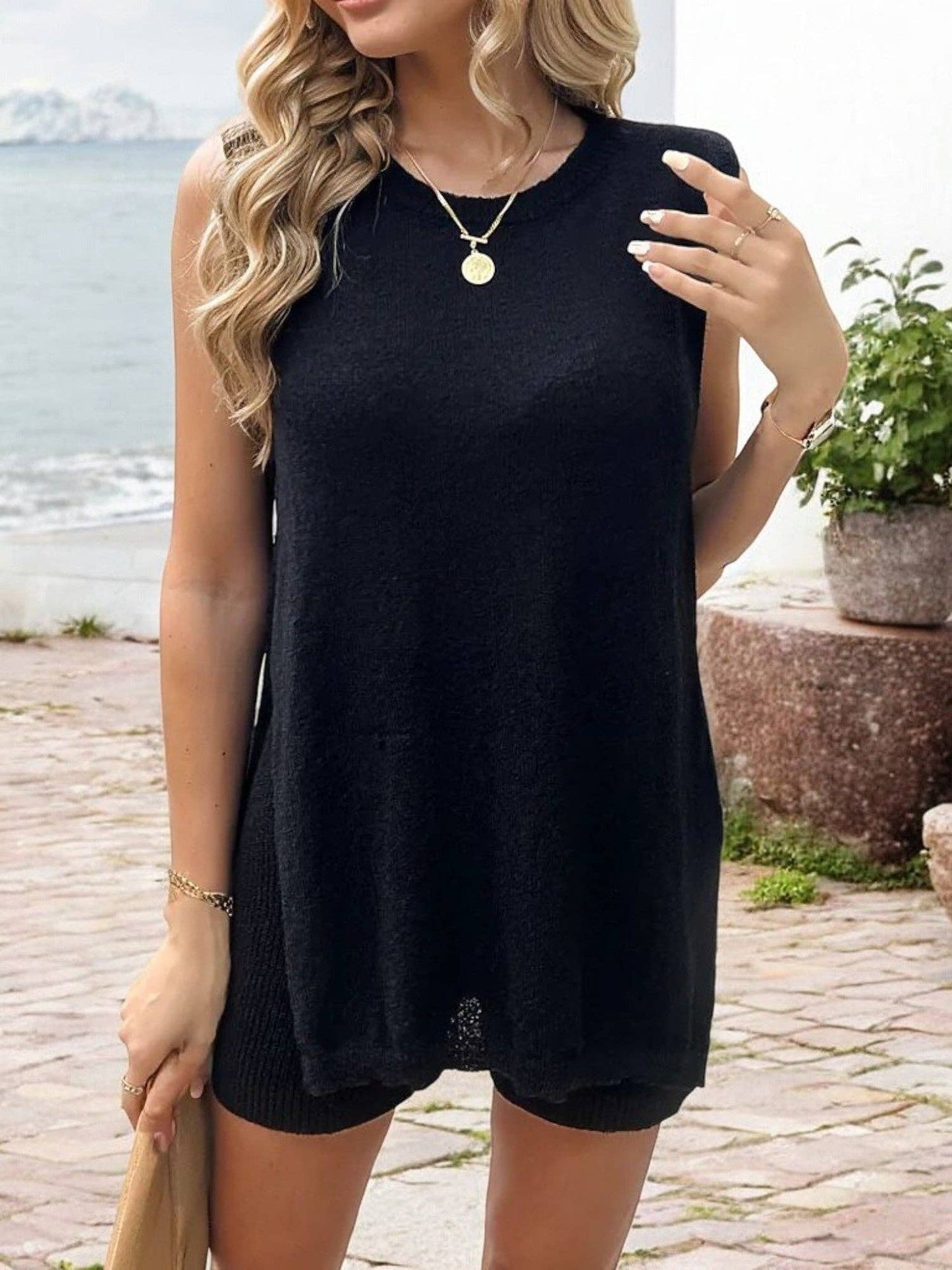 Sleeveless Lounge Set Open Side Knit Top and Ribbed Shorts