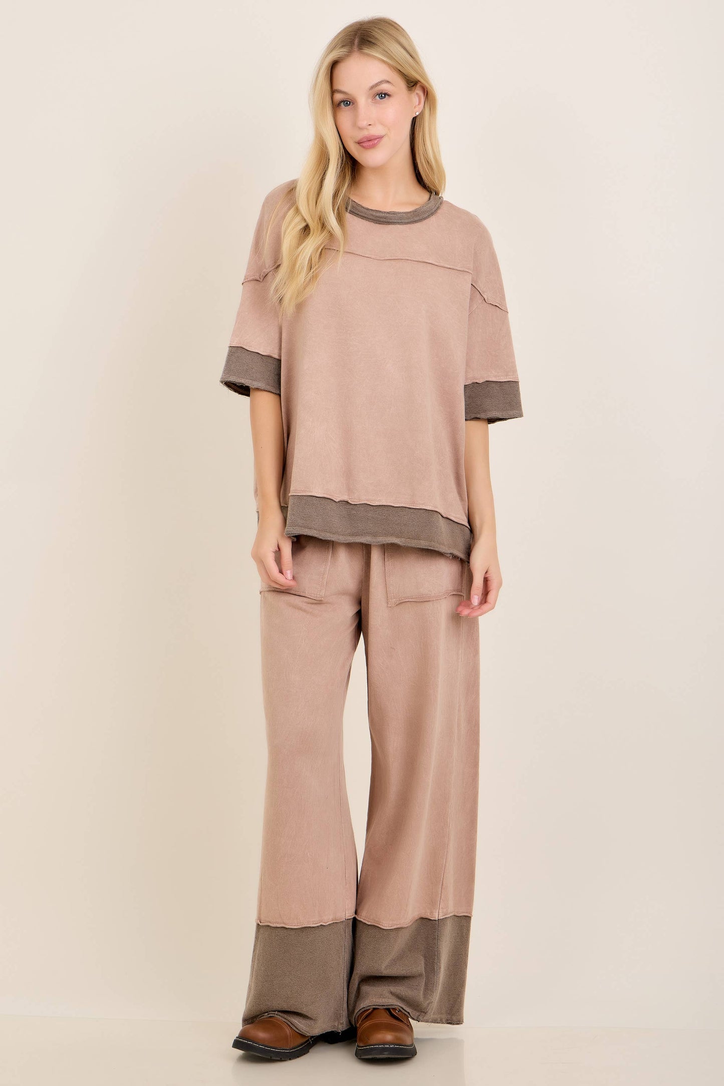 Mineral Washed Contrast Block Terry Pants HP7541