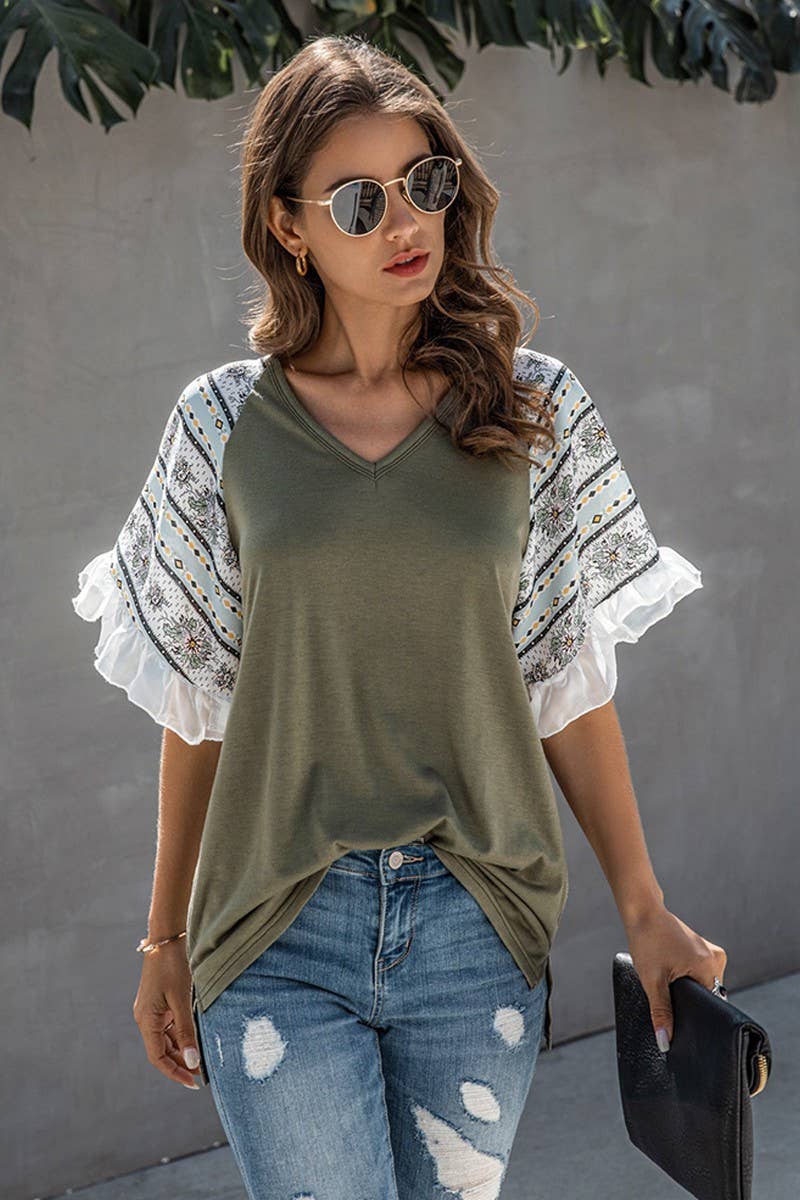 Medium Printed Ruffle Sleeve Top: White